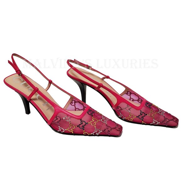 GUCCI SHOES FUCHSIA MESH w GG CRYSTALS SLINGBACK SANDALS sz 40 10 US - Picture 4 of 15